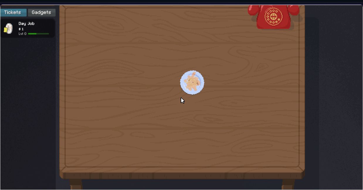 English browser demo showing a dirty Day Job plate on the opening table