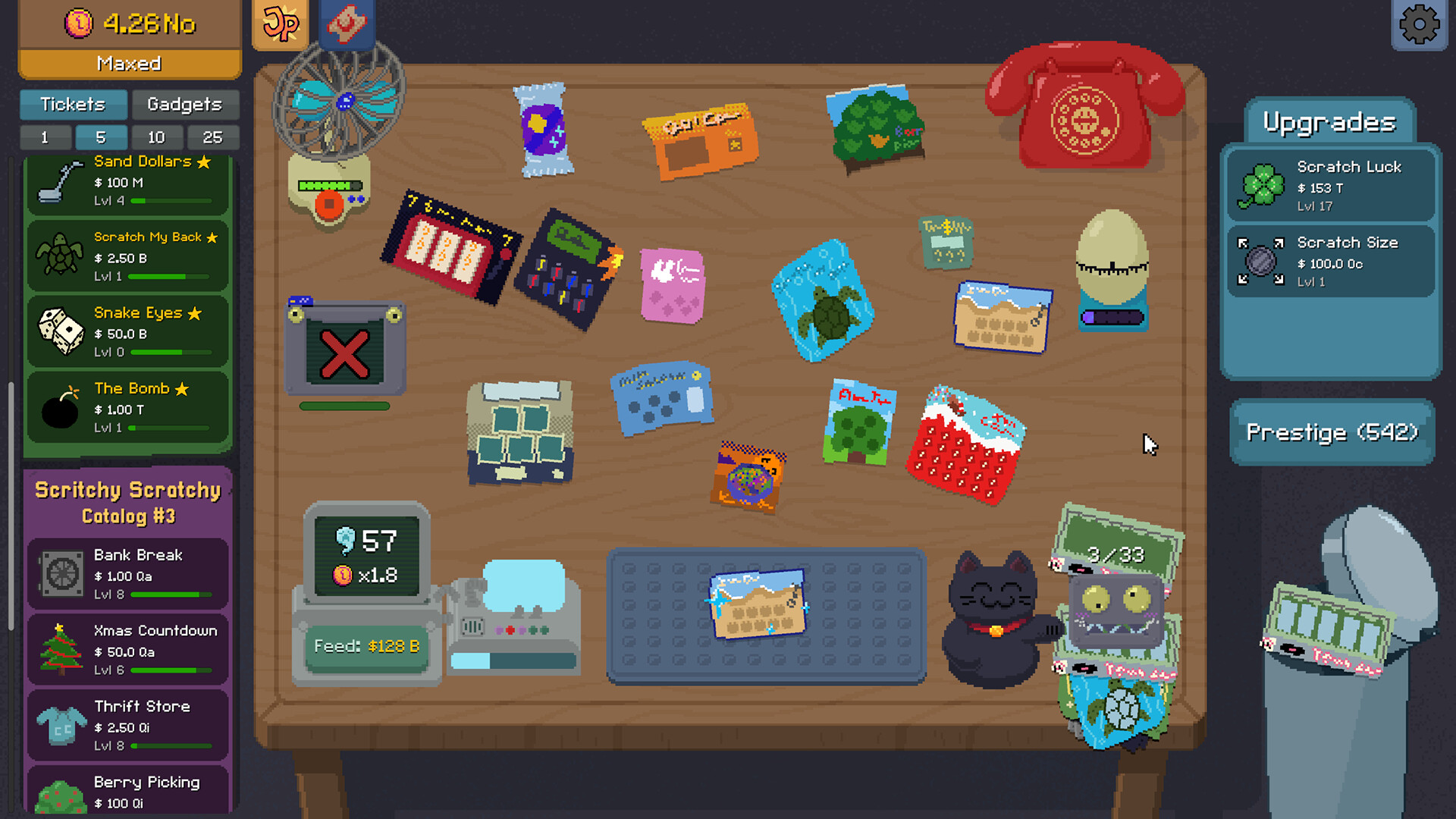 Official Scritchy Scratchy Steam screenshot showing the ticket table and Gadgets tab