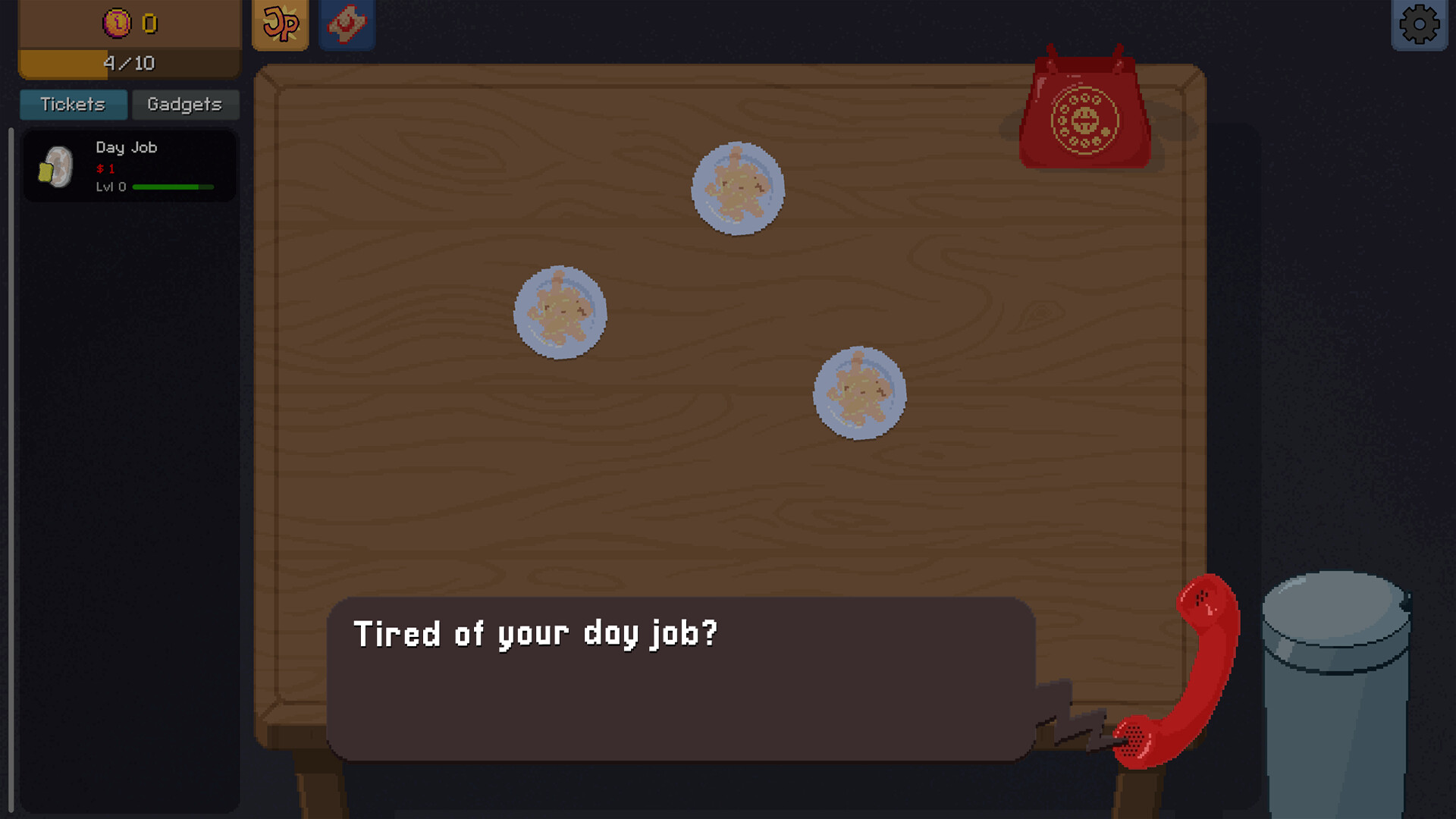 Official Scritchy Scratchy Steam screenshot showing the Day Job opening, table, phone, tickets tab, gadgets tab, and trash can