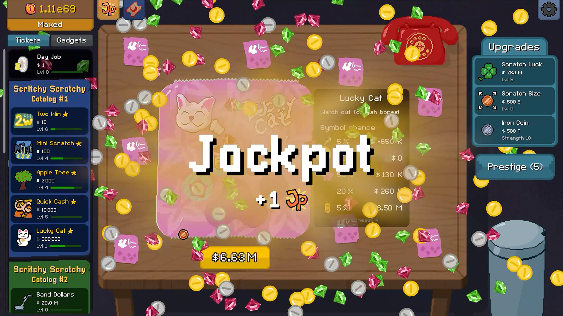 Official Scritchy Scratchy Steam screenshot showing a Jackpot, Jack Point reward, ticket catalogues, upgrades, and Prestige