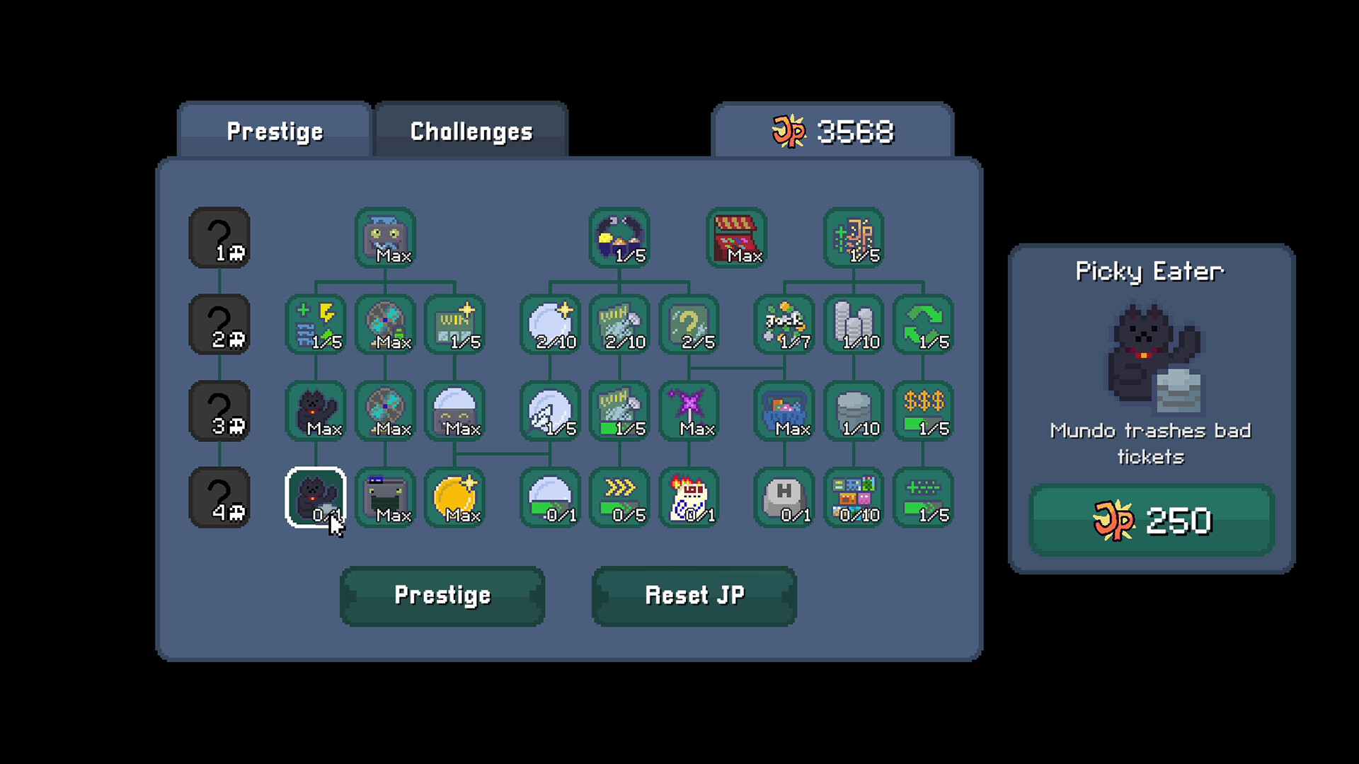 Scritchy Scratchy Prestige skill tree with Jack Points and permanent upgrade nodes
