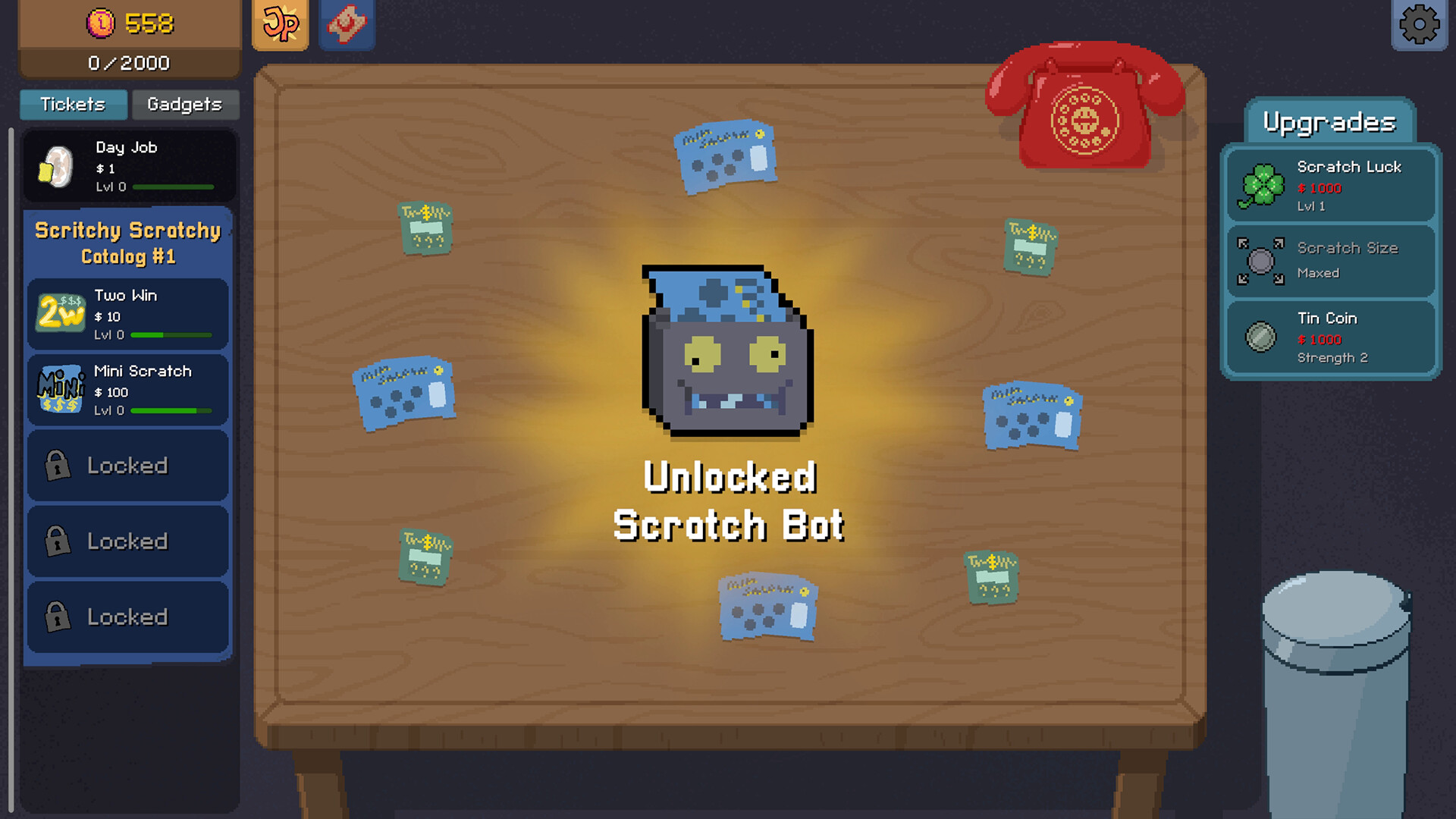 Official Scritchy Scratchy screenshot showing the Scratch Bot unlock on the game table